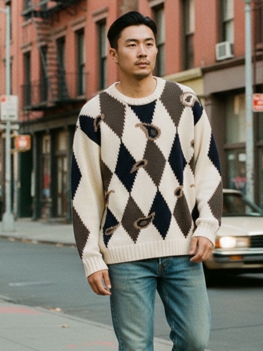 MENS 90’s Y2K EMBASSY ROW COTTON ARGYLE PAISLEY CHUNKY KNIT SWEATER SMALL COZY